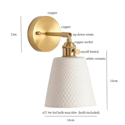 Modern ribbed ceramic led wall light bedroom brass pull chain