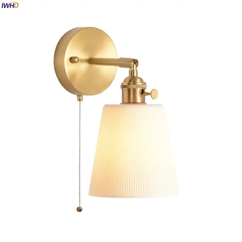 Modern ribbed ceramic led wall light bedroom brass pull chain