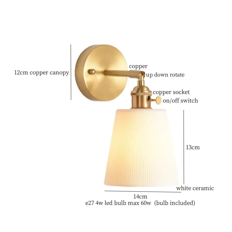 Modern ribbed ceramic led wall light bedroom brass pull chain