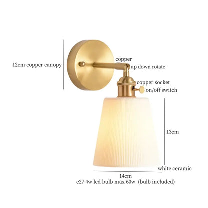 Modern ribbed ceramic led wall light bedroom brass pull chain