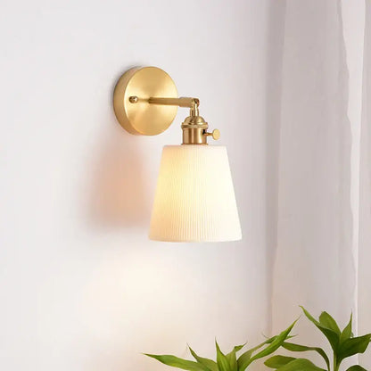 Modern ribbed ceramic led wall light bedroom brass pull chain