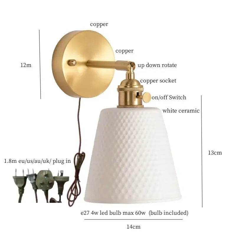 Modern ribbed ceramic led wall light bedroom brass pull chain