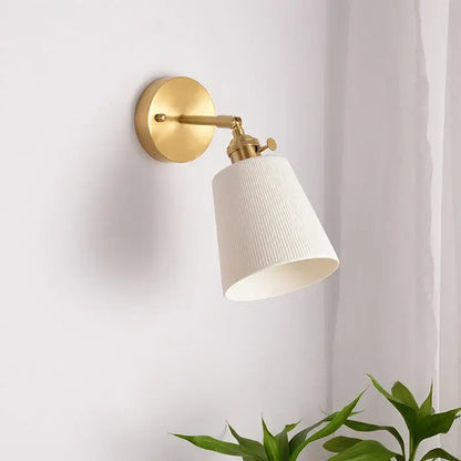 Modern ribbed ceramic led wall light bedroom brass pull chain