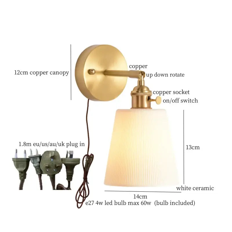 Modern ribbed ceramic led wall light bedroom brass pull chain