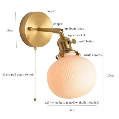 Modern ribbed ceramic led wall light bedroom brass pull chain