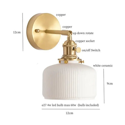 Modern ribbed ceramic led wall light bedroom brass pull chain