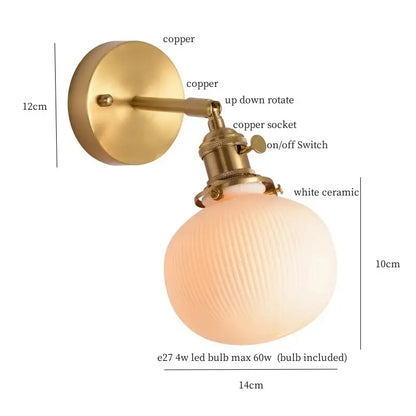 Modern ribbed ceramic led wall light bedroom brass pull chain