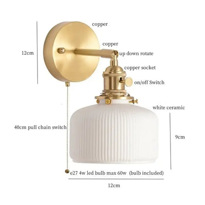 Modern ribbed ceramic led wall light bedroom brass pull chain