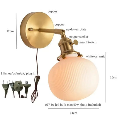 Modern ribbed ceramic led wall light bedroom brass pull chain