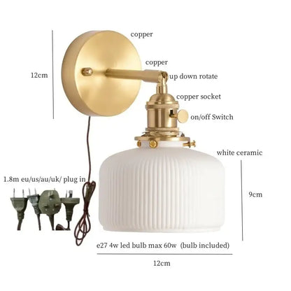 Modern ribbed ceramic led wall light bedroom brass pull chain