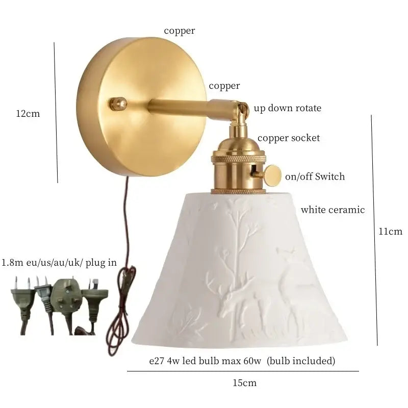 Modern ribbed ceramic led wall light bedroom brass pull chain