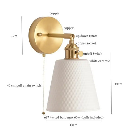 Modern ribbed ceramic led wall light bedroom brass pull chain