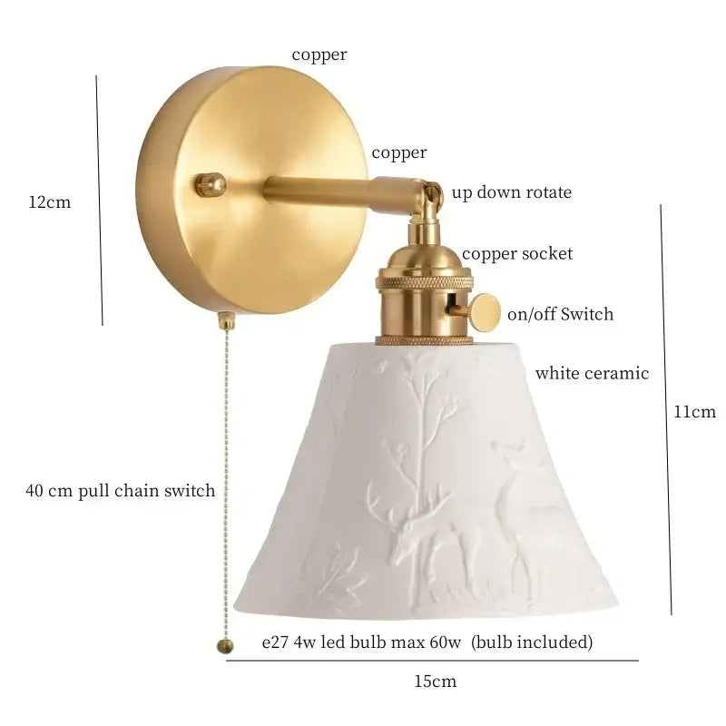 Modern ribbed ceramic led wall light bedroom brass pull chain