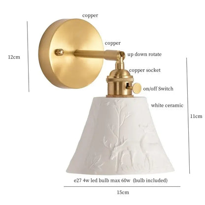 Modern ribbed ceramic led wall light bedroom brass pull chain