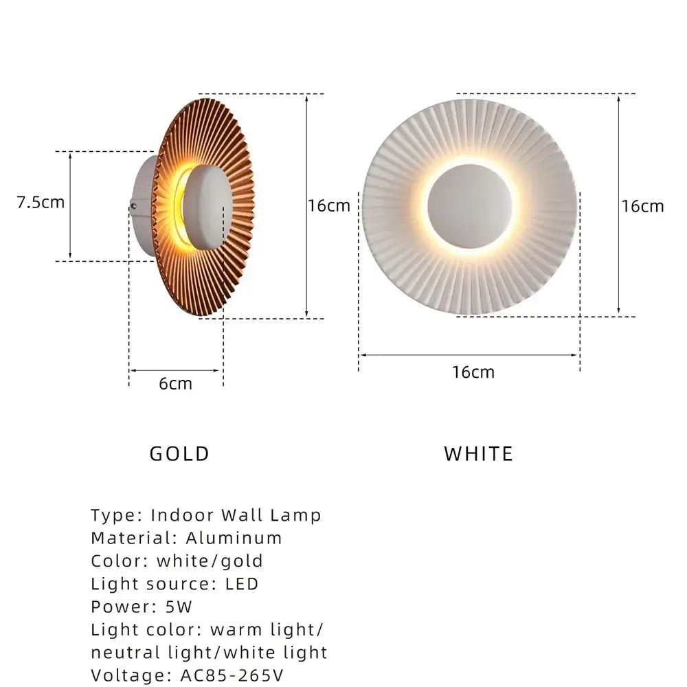Modern ribbed circular white & gold led wall lamps bedroom lighting