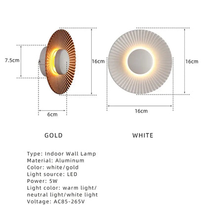Modern ribbed circular white & gold led wall lamps bedroom lighting