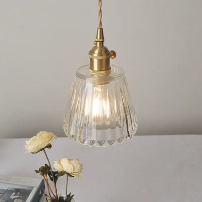 Modern ribbed clear glass led pendant light kitchen brass fixture