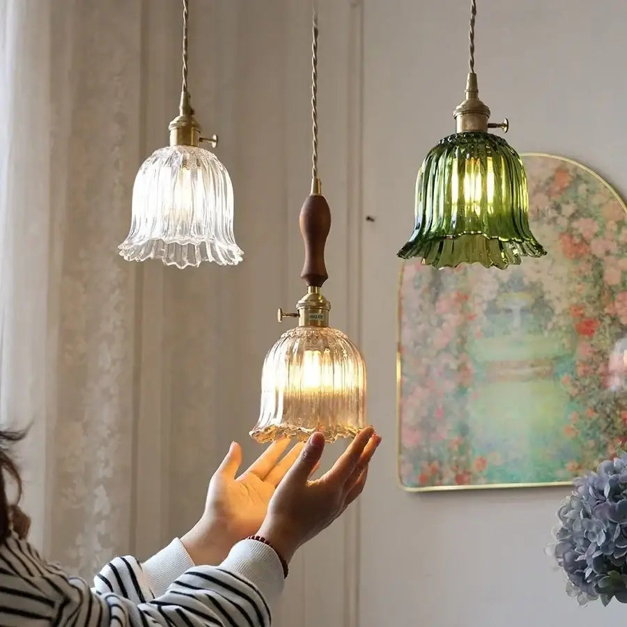 Modern ribbed clear glass led pendant light kitchen brass fixture