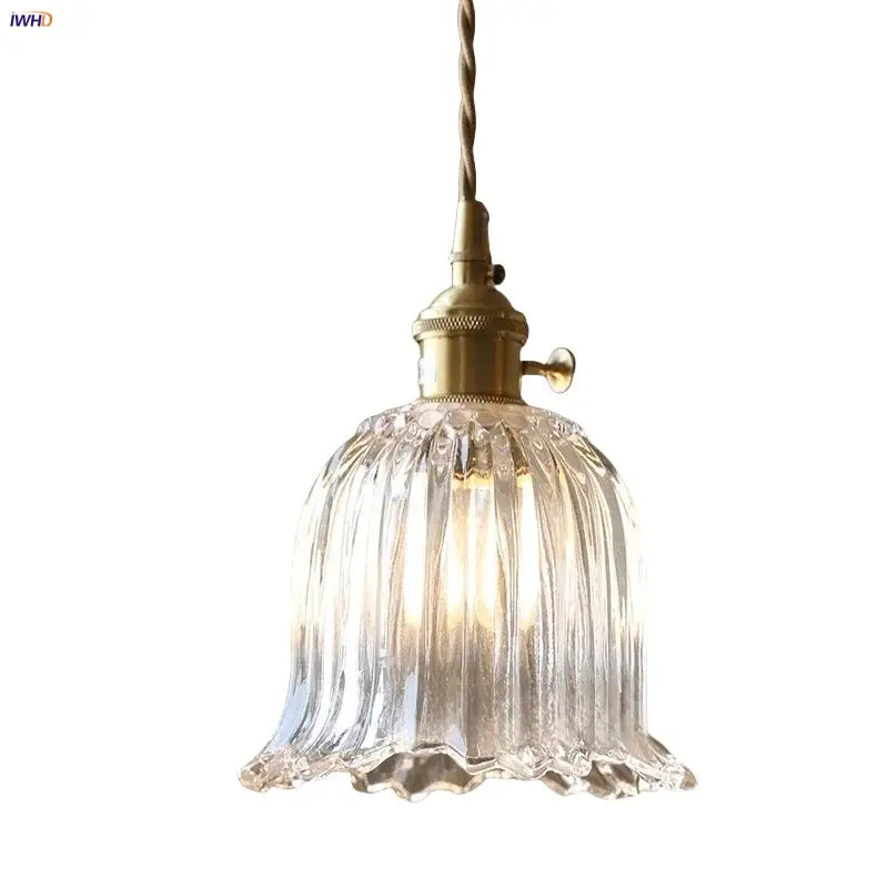 Modern ribbed clear glass led pendant light kitchen brass fixture