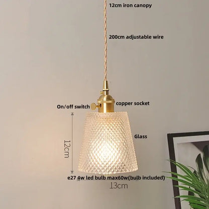 Modern ribbed clear glass pendant light kitchen brass fixture