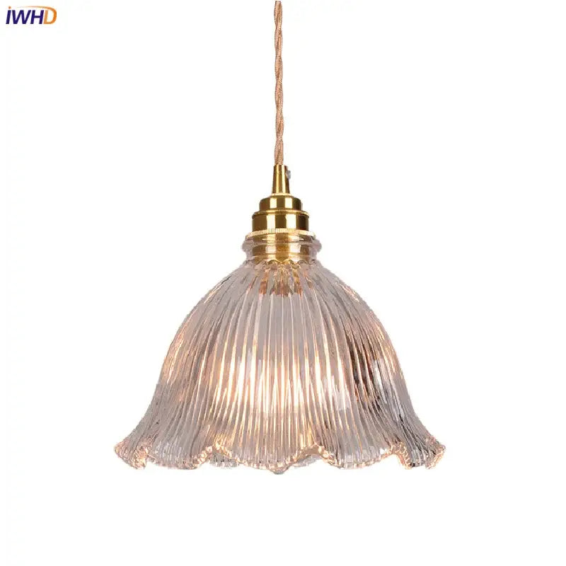 Modern ribbed clear glass pendant light kitchen brass fixture
