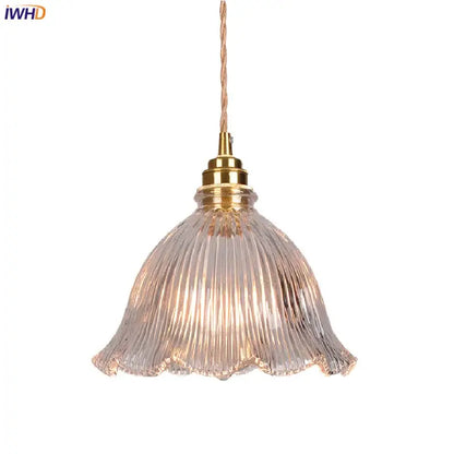 Modern ribbed clear glass pendant light kitchen brass fixture
