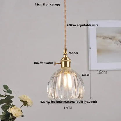 Modern ribbed clear glass pendant light kitchen brass fixture