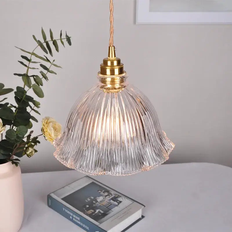 Modern ribbed clear glass pendant light kitchen brass fixture