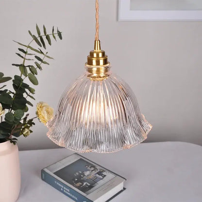 Modern ribbed clear glass pendant light kitchen brass fixture
