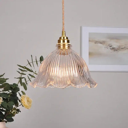 Modern ribbed clear glass pendant light kitchen brass fixture