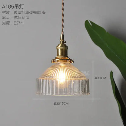 Modern ribbed clear glass pendant light kitchen brass fixture