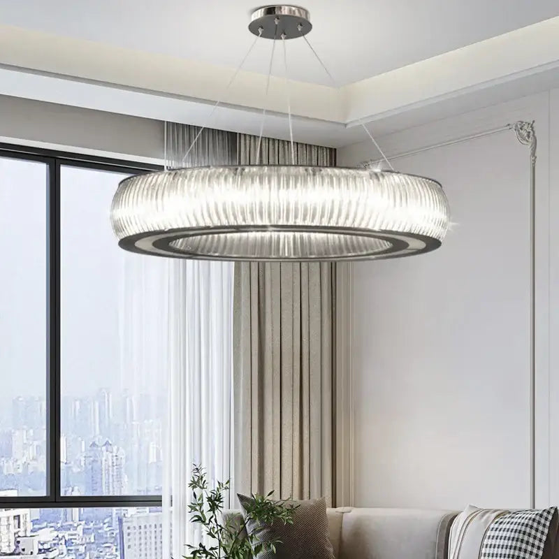 Modern ribbed crystal led ceiling pendant – living room chandelier