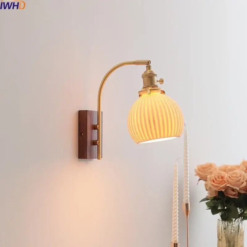 Modern ribbed glass and walnut wall lights bedroom sconce