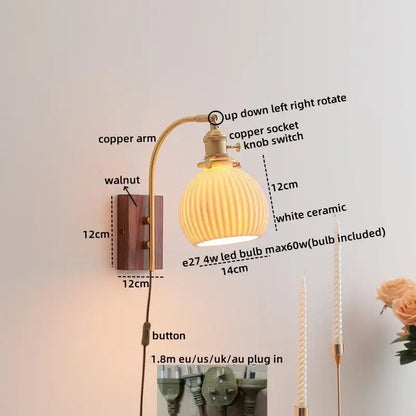 Modern ribbed glass and walnut wall lights bedroom sconce