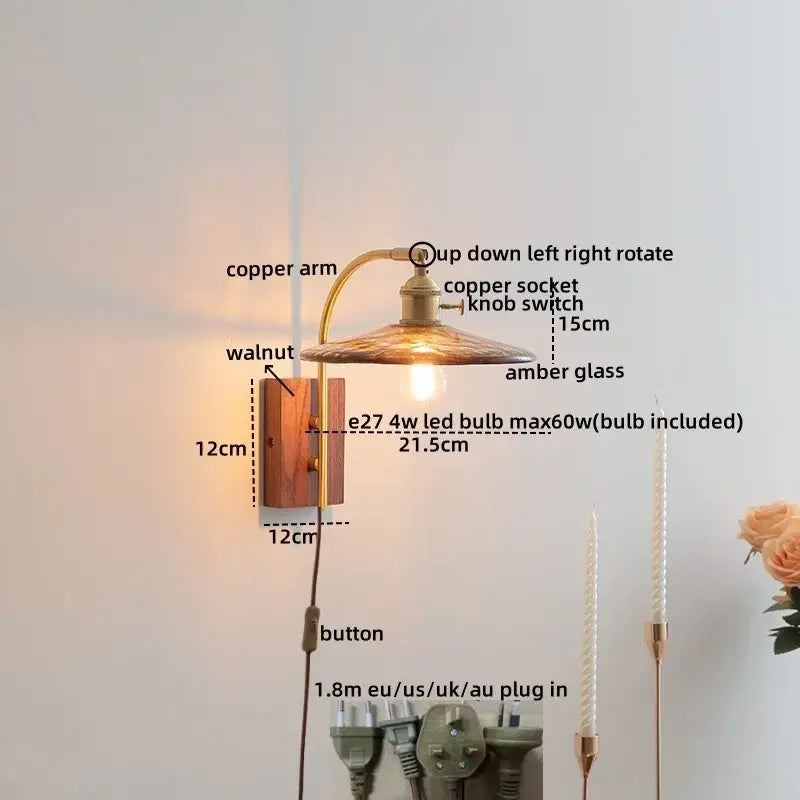 Modern ribbed glass and walnut wall lights bedroom sconce