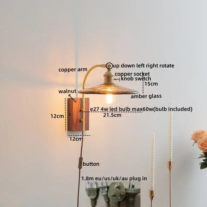 Modern ribbed glass and walnut wall lights bedroom sconce