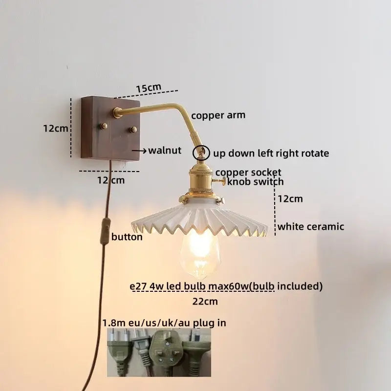 Modern ribbed glass and walnut wall lights bedroom sconce