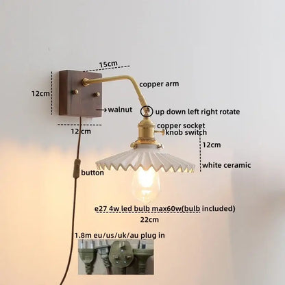Modern ribbed glass and walnut wall lights bedroom sconce