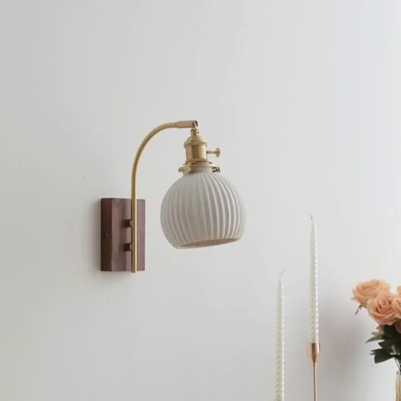 Modern ribbed glass and walnut wall lights bedroom sconce