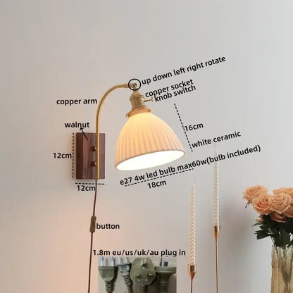 Modern ribbed glass and walnut wall lights bedroom sconce