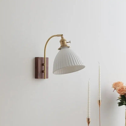 Modern ribbed glass and walnut wall lights bedroom sconce