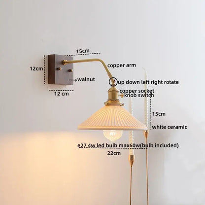 Modern ribbed glass and walnut wall lights bedroom sconce