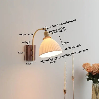 Modern ribbed glass and walnut wall lights bedroom sconce