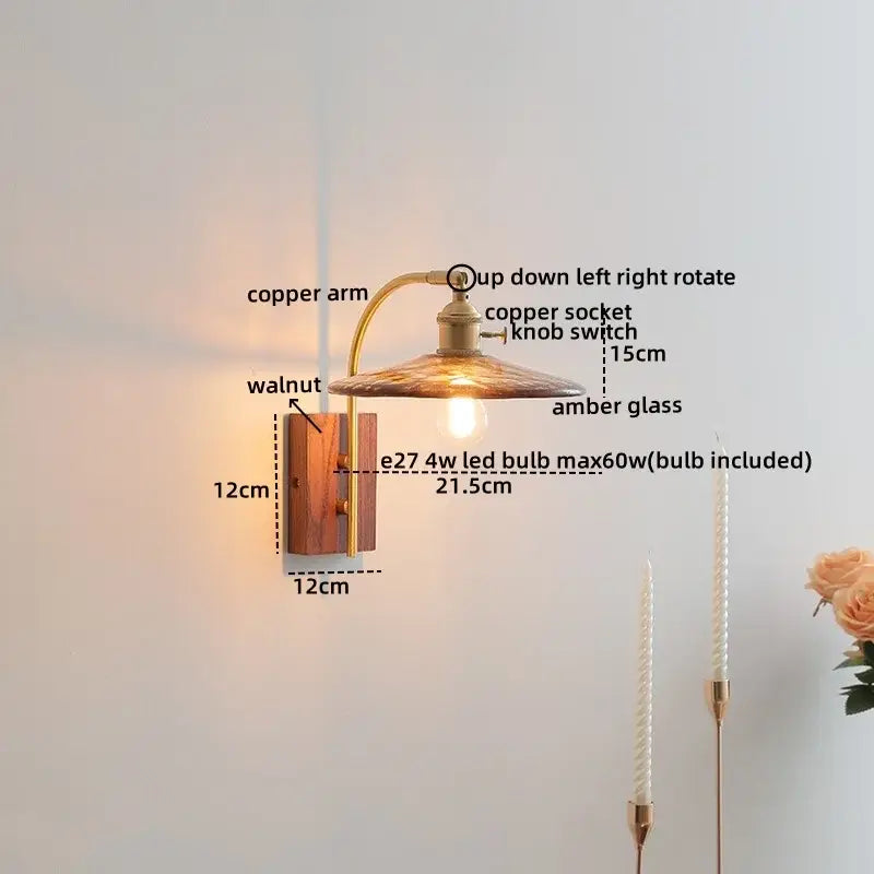 Modern ribbed glass and walnut wall lights bedroom sconce