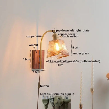 Modern ribbed glass and walnut wall lights bedroom sconce