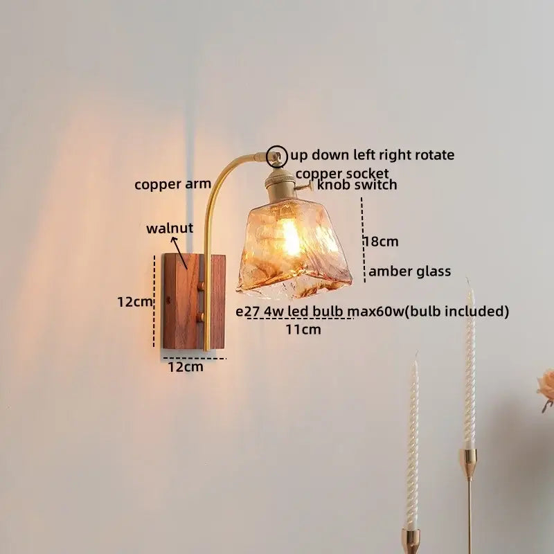 Modern ribbed glass and walnut wall lights bedroom sconce