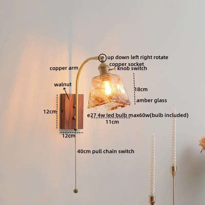 Modern ribbed glass and walnut wall lights bedroom sconce
