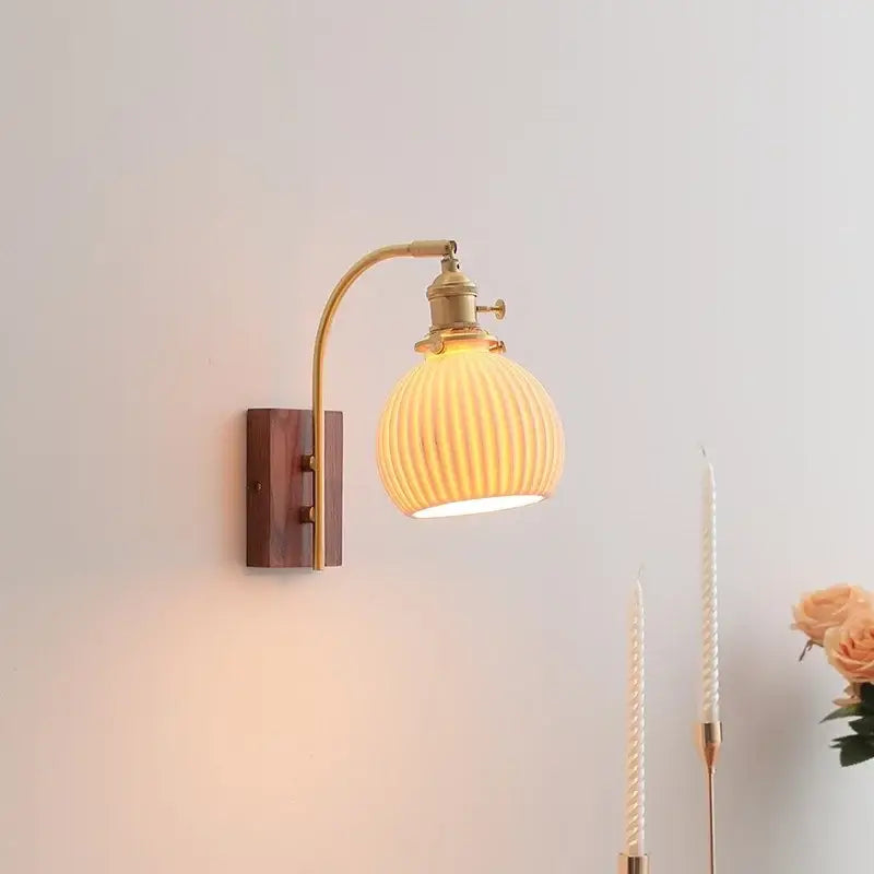 Modern ribbed glass and walnut wall lights bedroom sconce