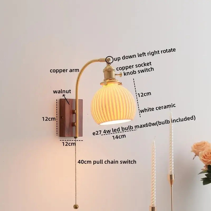 Modern ribbed glass and walnut wall lights bedroom sconce