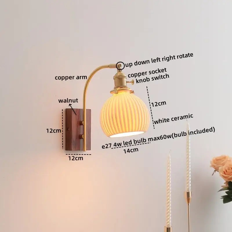 Modern ribbed glass and walnut wall lights bedroom sconce
